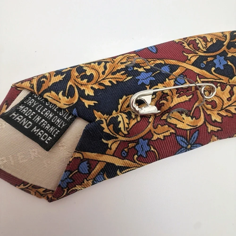 Pierre Balmain Paris Silk Tie Ornate Floral Pattern Gold Navy Burgundy